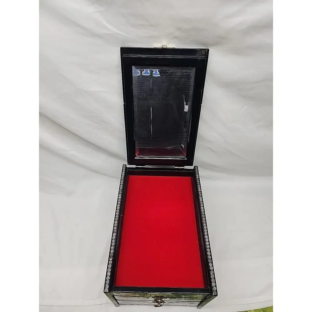 1950s Black Lacquered Wood & Mother Of Pearl Inlayed Small Dressing Box 11 x 7.5